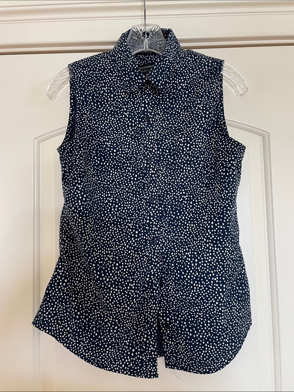 Navy and white polkadot top